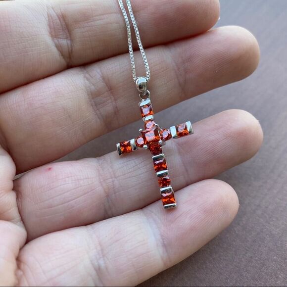 Sterling Silver Cross Necklace-Bole Orange CZ-18" Box Chain - Picture 3 of 8